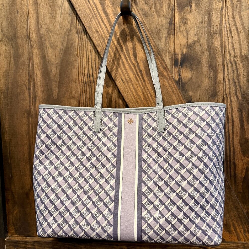 Tory Burch Gray Patterned Canvas Tote with Center Stripe - Picture 2 of 16